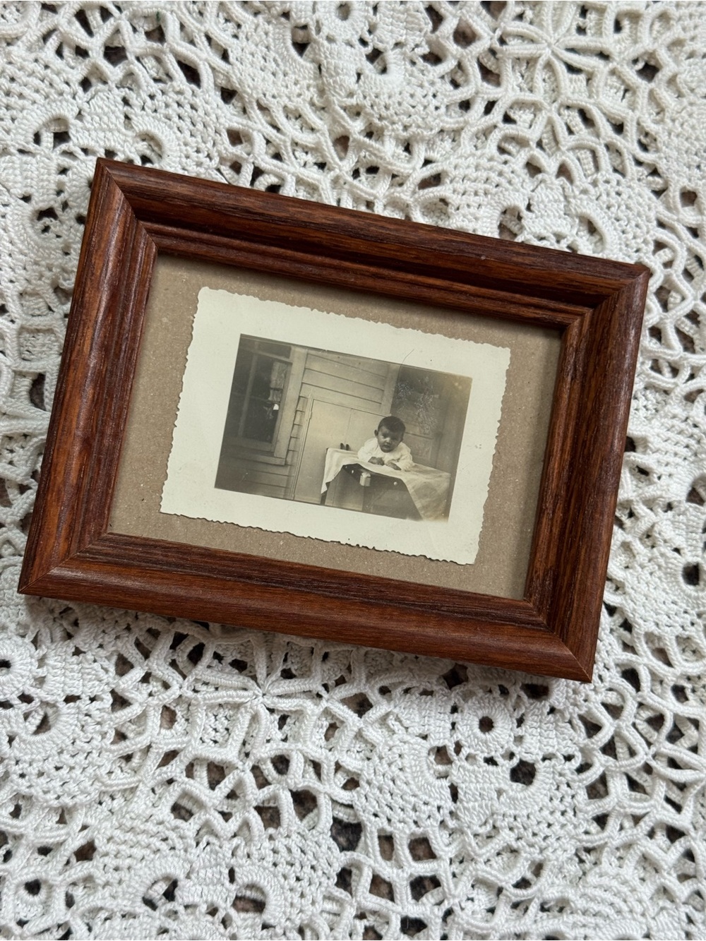 Vintage Framed Black & White Baby Photograph – Wood Tabletop Picture Frame
